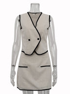 Linen V-Neck Vest & Mini Skirt Set