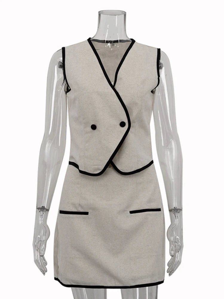 Linen V-Neck Vest & Mini Skirt Set