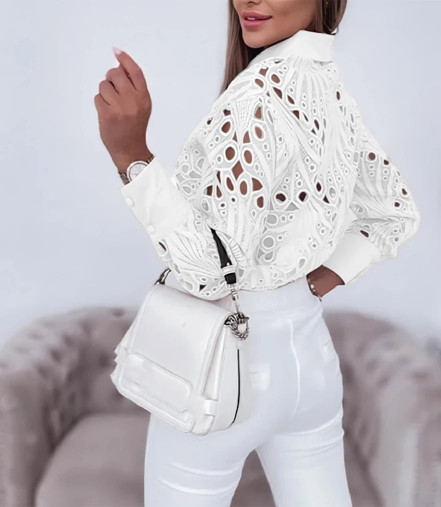 Button-Up Long-Sleeve Cut-Out Blouse