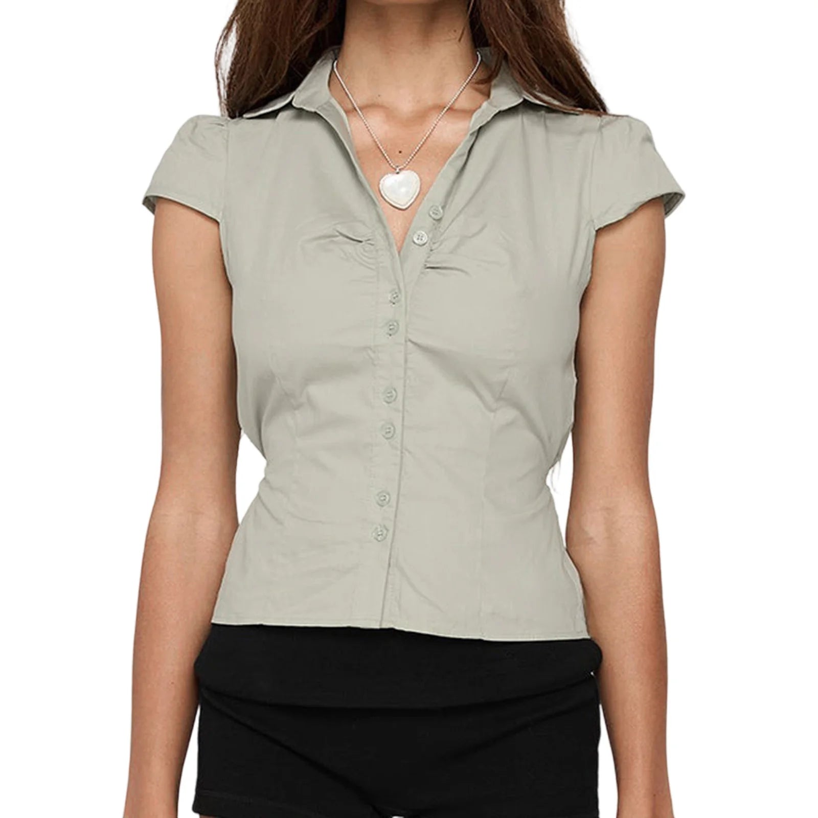 Button-Up Short-Sleeve Cropped Blouse