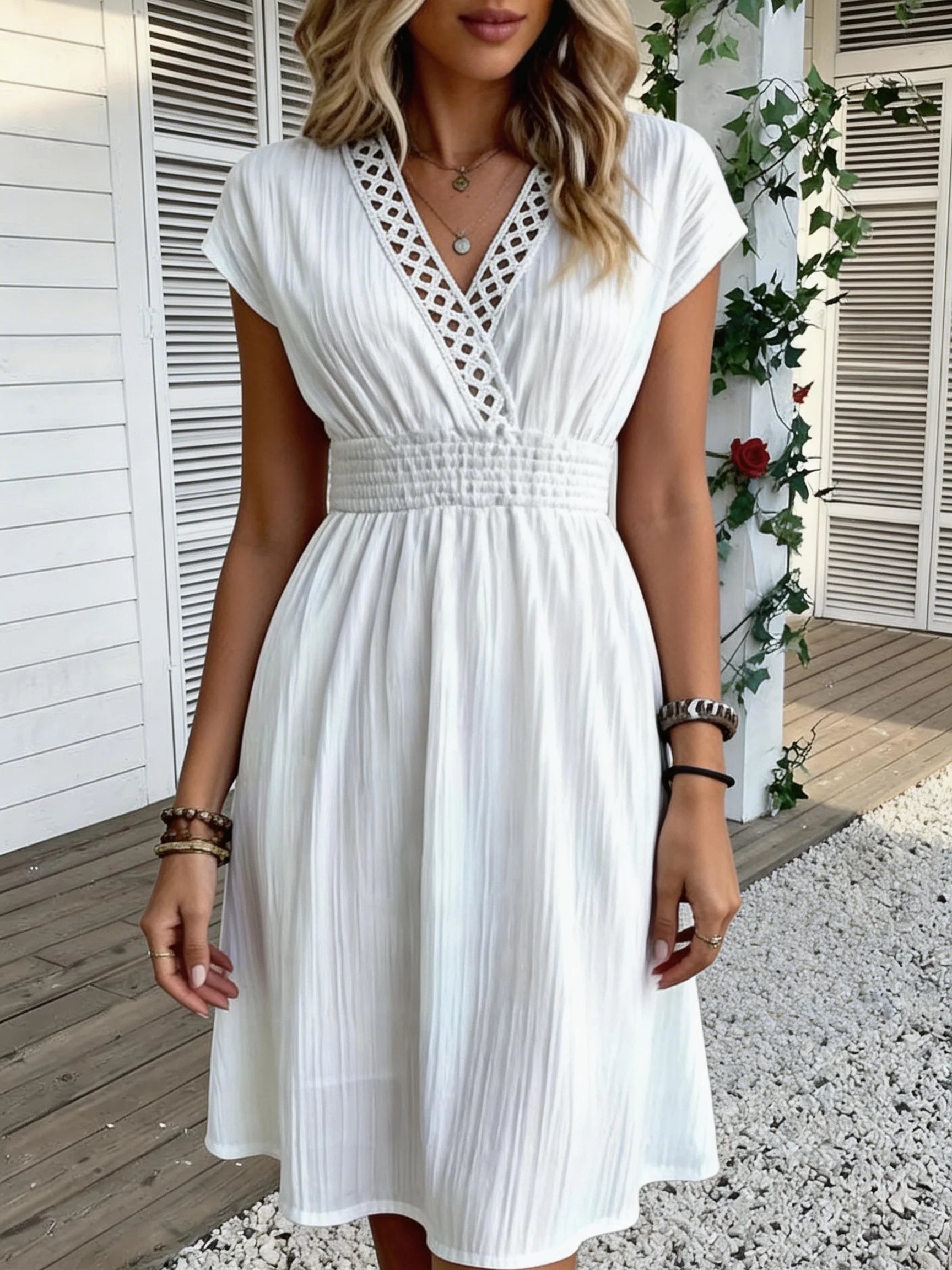 Lace V-Neck Puff-Sleeve Mini Dress