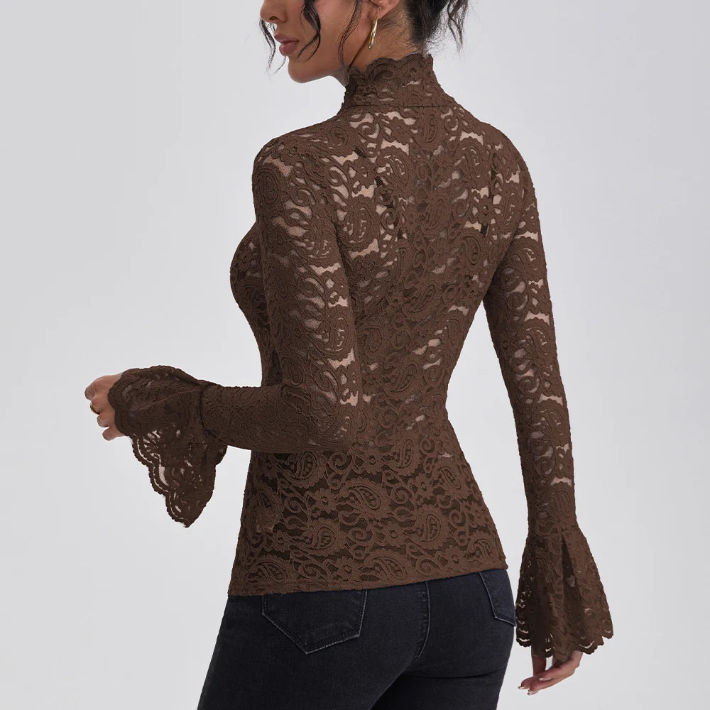 Sienna Lace High-Neck Long-Sleeve Blouse