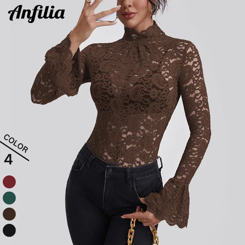 Sienna Lace High-Neck Long-Sleeve Blouse