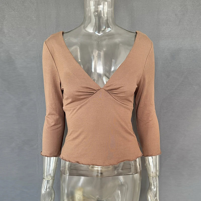 Split-Hem V-Neck Long-Sleeve Top