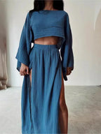 Linen Crop Top & Split Skirt Set