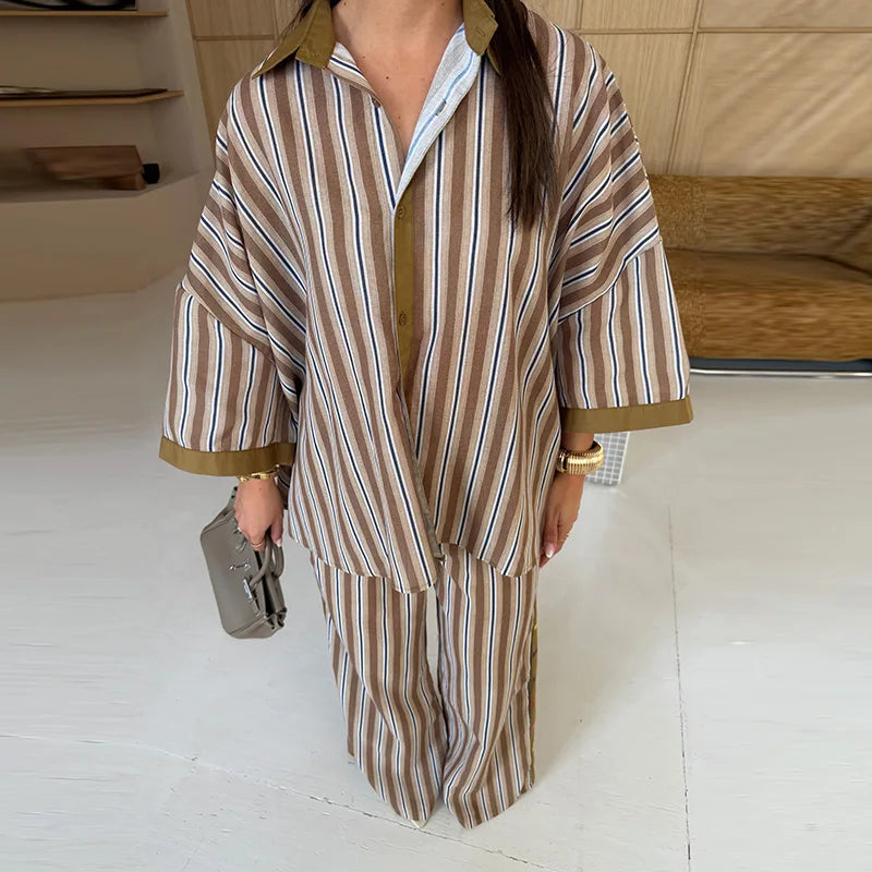 Striped Shirt & Wide-Leg Pants Set
