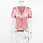 Printed Lace V-Neck Crop T-Shirt