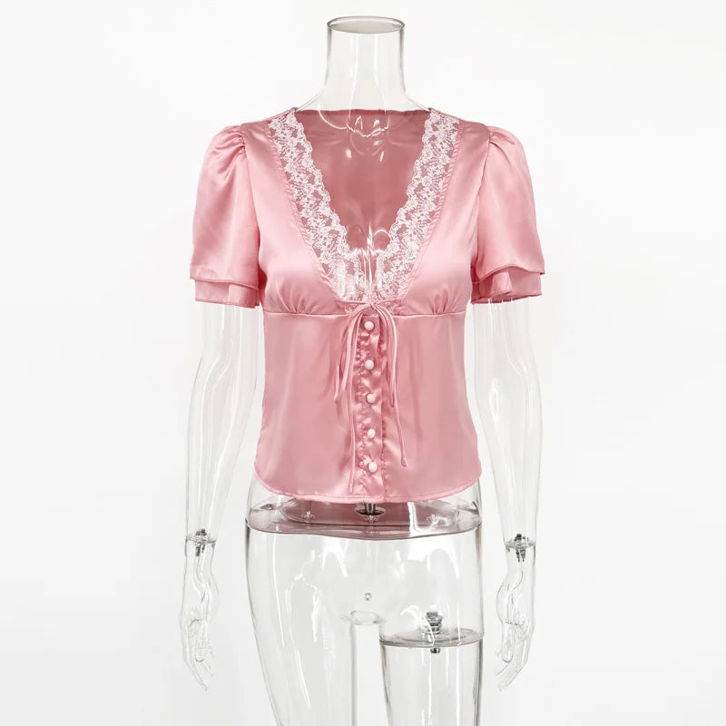 Printed Lace V-Neck Crop T-Shirt