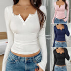 Lace-Button Long-Sleeve Top