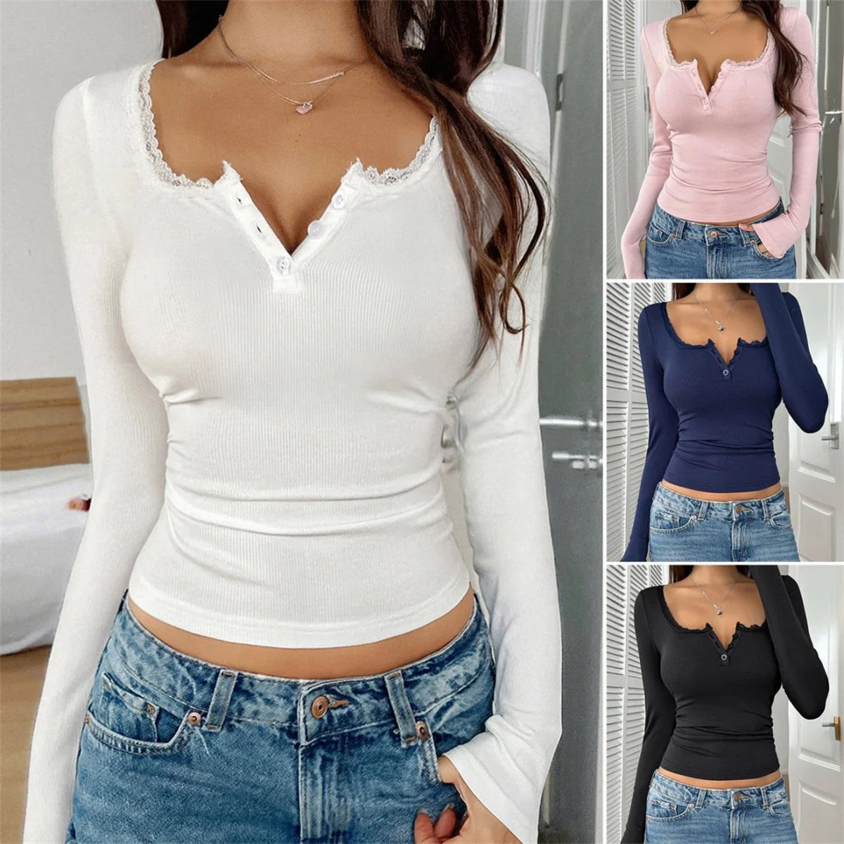 Lace-Button Long-Sleeve Top