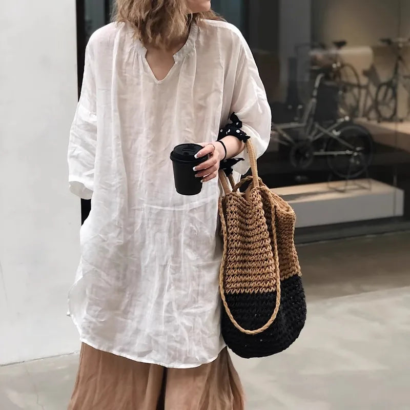 Cotton-Linen Long-Sleeve Relaxed Blouse