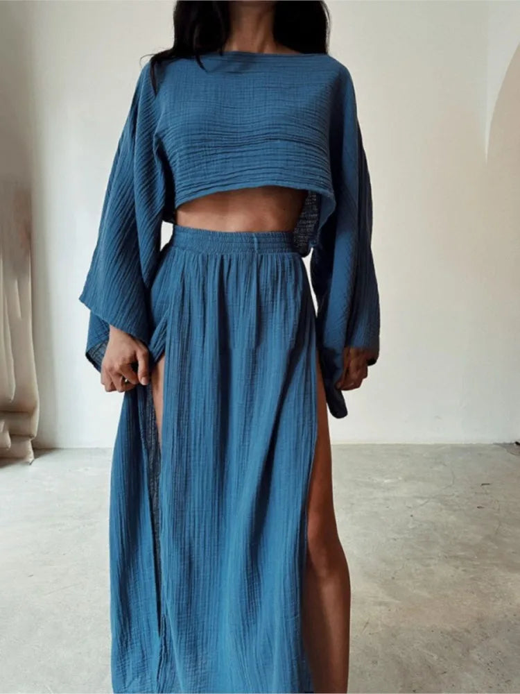 Linen Crop Top & Split Skirt Set
