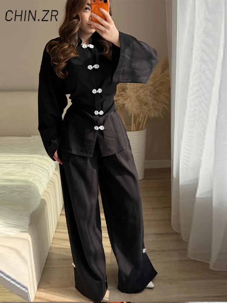 Mandarin Collar Shirt & Wide-Leg Pants Set