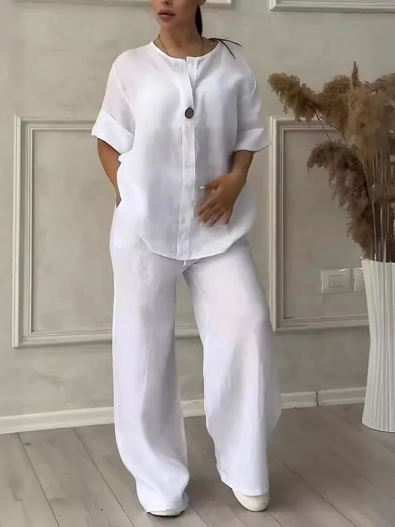 Cotton-Linen Shirt & Wide-Leg Pants Set