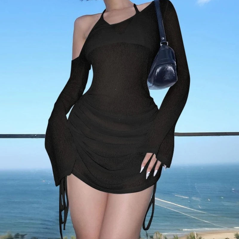 Ruched Lace-Up Mini Dress