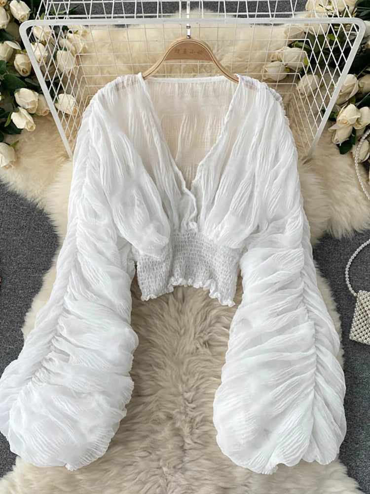 Chiffon Draped V-Neck Cropped Blouse