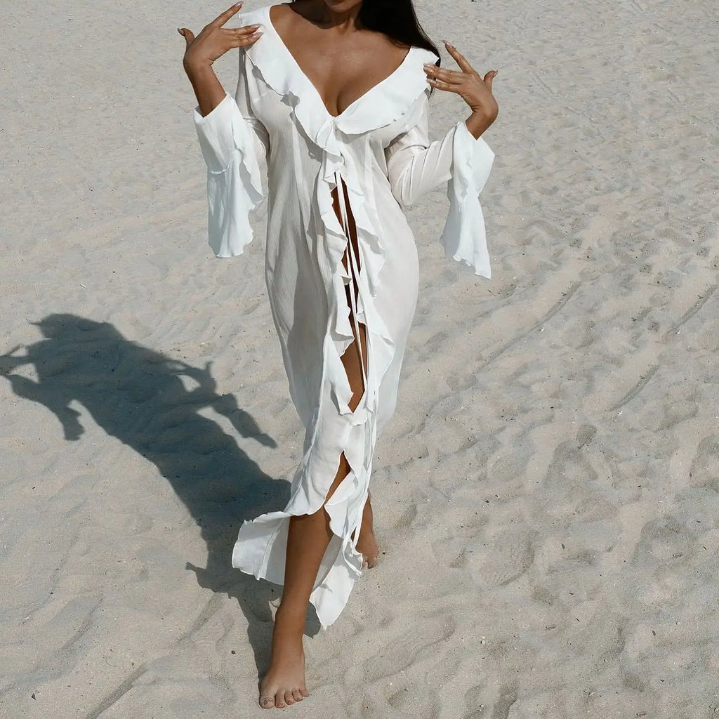 Ruffle-Sleeve Chiffon Beach Dress