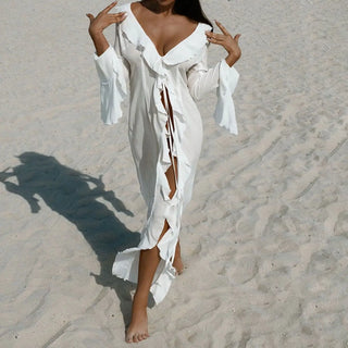 Ruffle-Sleeve Chiffon Beach Dress