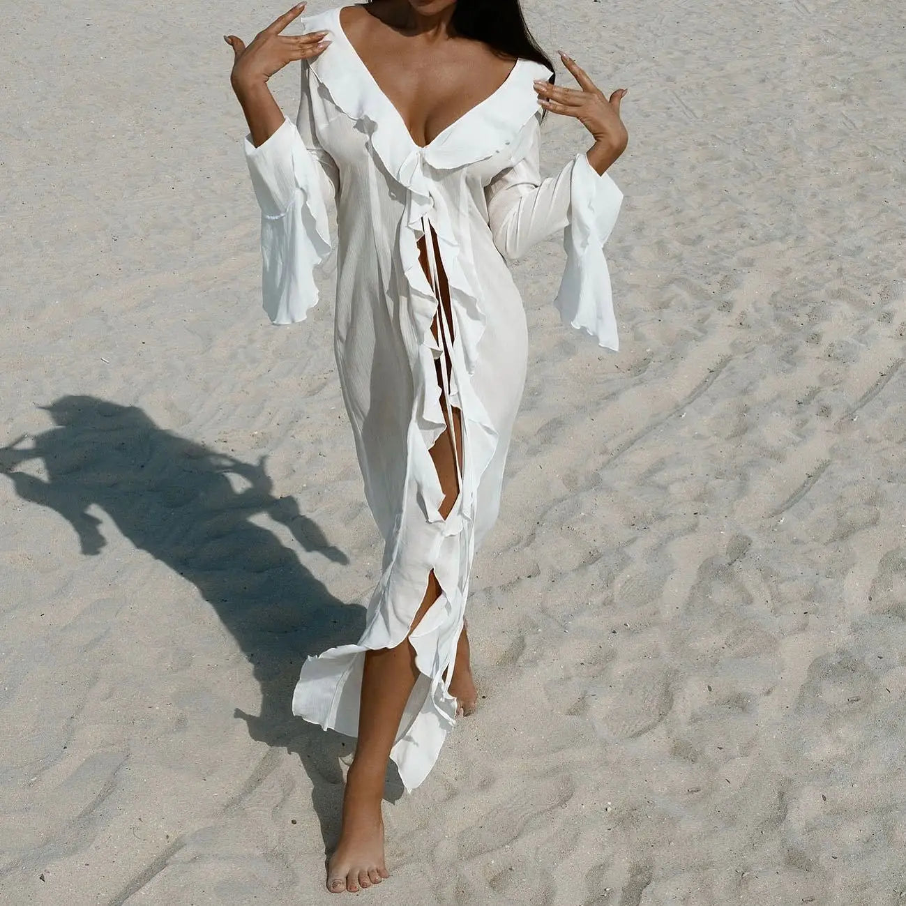 Ruffle-Sleeve Chiffon Beach Dress