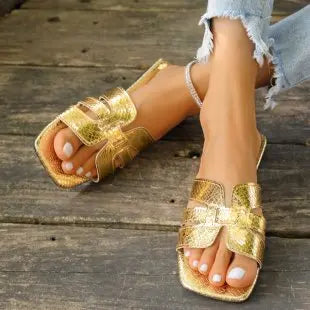 Square-Toe Flat Slide Sandals