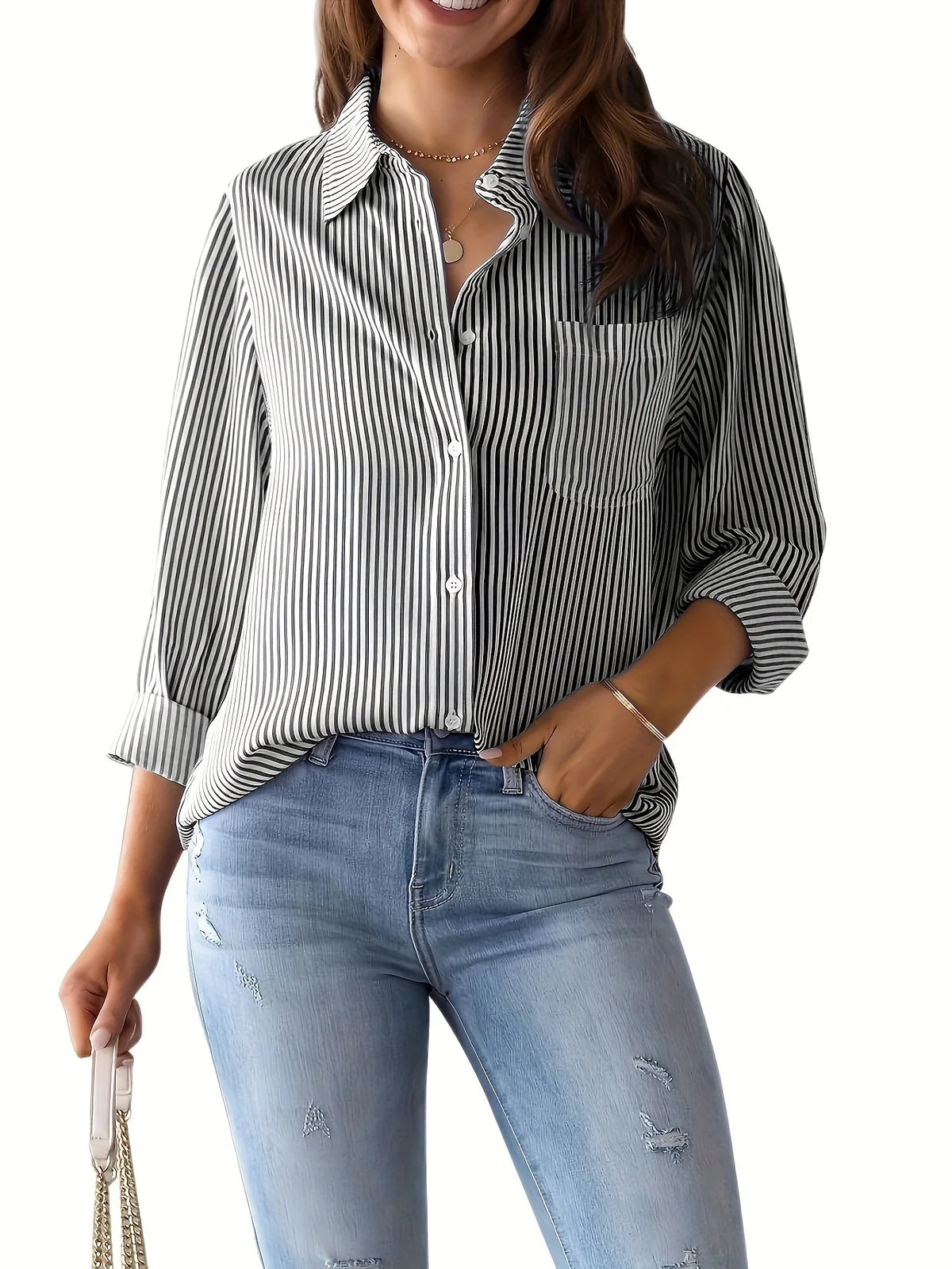 Striped Long-Sleeve Relaxed Blouse