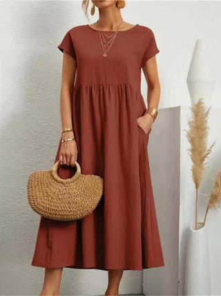 Cotton-Linen Short-Sleeve Maxi Dress