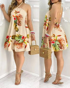 Tropical Leaf Halter Mini Dress