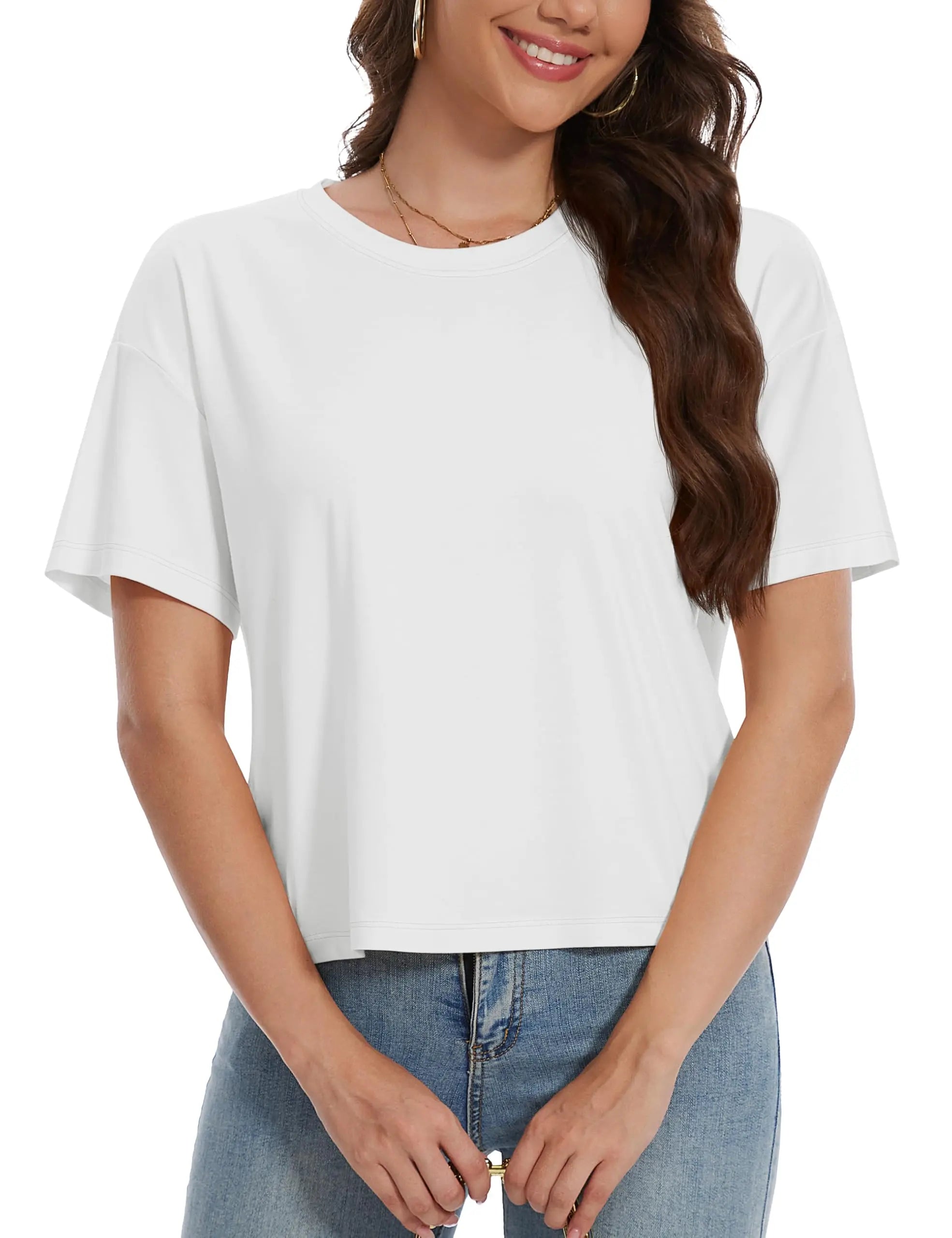 TACVASEN UPF 50+ Cropped Cotton T-Shirts Womens Summer Short Sleeve Casual Crew Neck Tops Breathable Sun UV Block Outdoor Tees