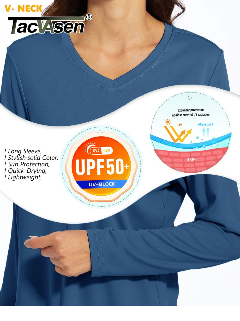 TACVASEN Summer UPF 50+ Long Sleeve T-Shirts Womens Sun Protection V Neck Fashion Tee Shirts Quick Dry Outdoor Hiking Pullover