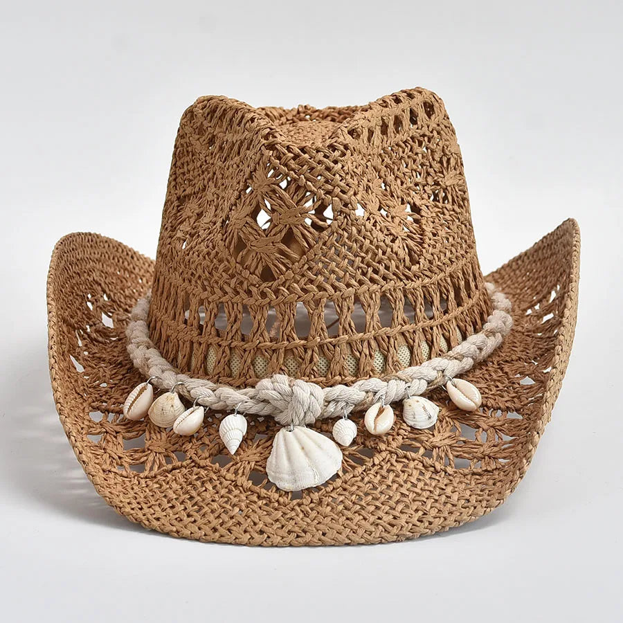 Shell-Trim Woven Straw Sun Hat