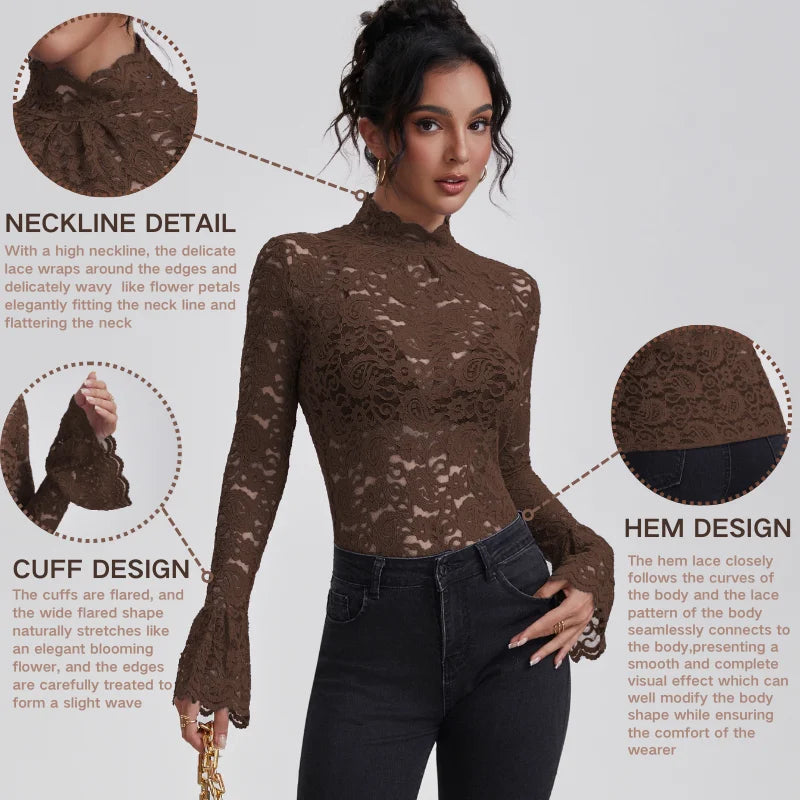 Sienna Lace High-Neck Long-Sleeve Blouse