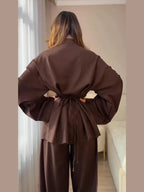 Mandarin Collar Shirt & Wide-Leg Pants Set