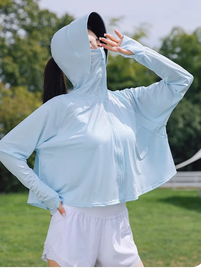 Summer Women's Sun Protective Clothing Breathable Traveling Brim Ponytail Hole Sun Hoodie Detachable Shopping Long-Sleeved Shirt