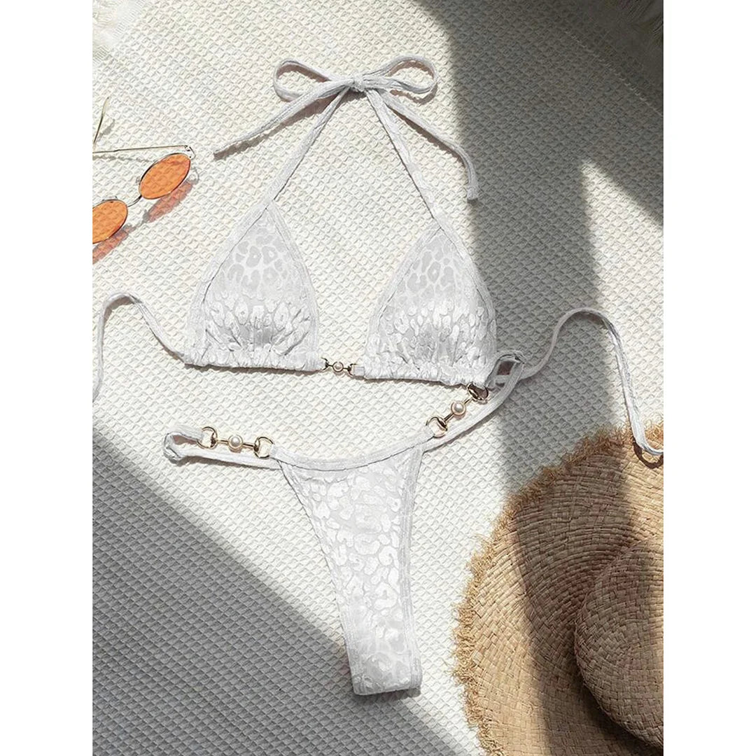 Leopard Pearl Thong Bikini