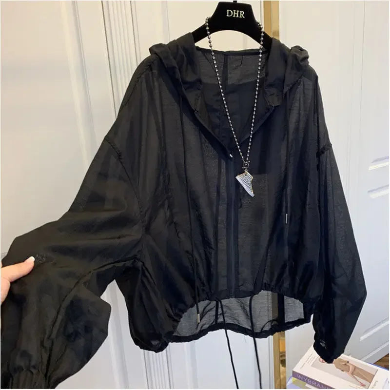 Women's Hooded Summer Sun Protection Zipper Jacket Thin Loose Jacket Breathable Lightweight Clothes Sunscreen Clothing Green