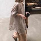 Cotton-Linen Long-Sleeve Relaxed Blouse