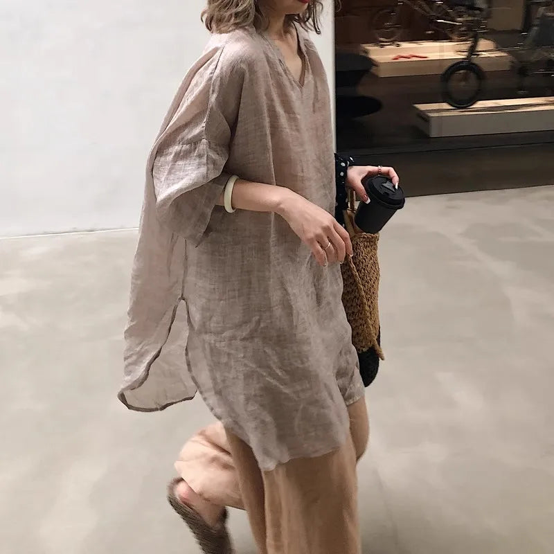 Cotton-Linen Long-Sleeve Relaxed Blouse