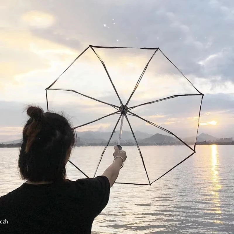1pc-Korean Transparent Umbrella Folding Automatic Open And Close Umbrella Mori Three-fold Student Sunny Umbrella
