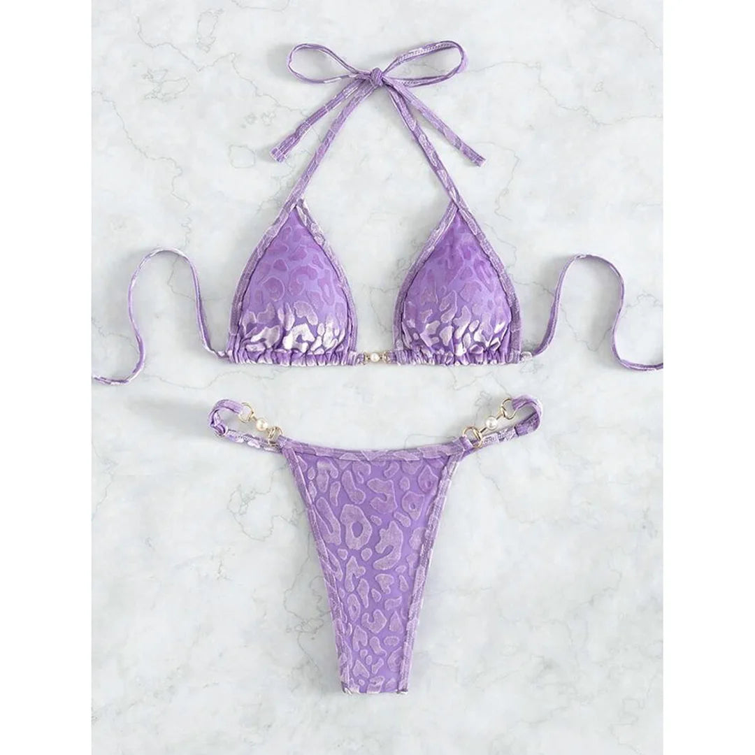 Leopard Pearl Thong Bikini