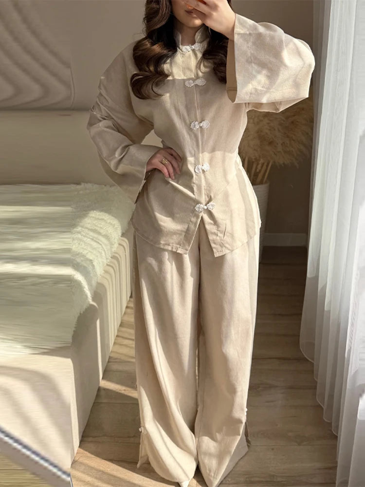 Mandarin Collar Shirt & Wide-Leg Pants Set