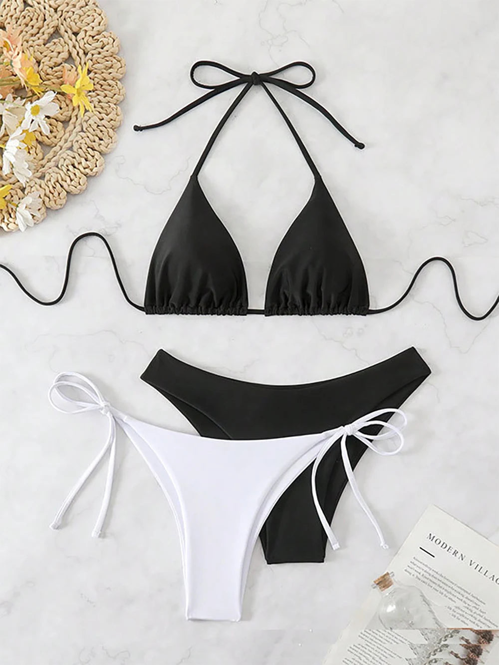Halter Three-Piece Tie-Side Bikini Set