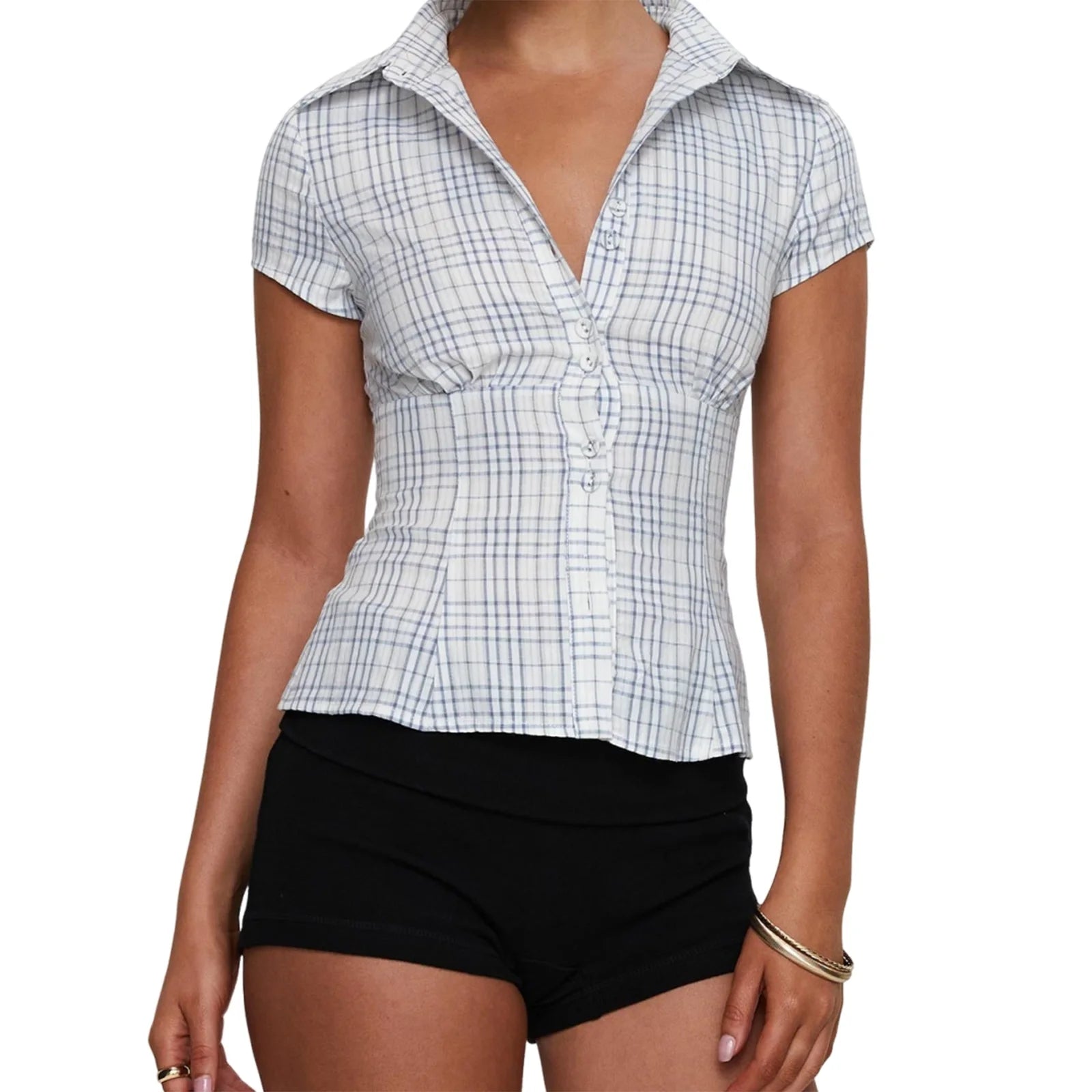 Button-Up Short-Sleeve Cropped Blouse