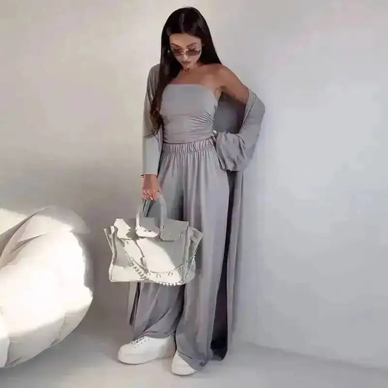 Three-Piece Cardigan & Wide-Leg Pants Set