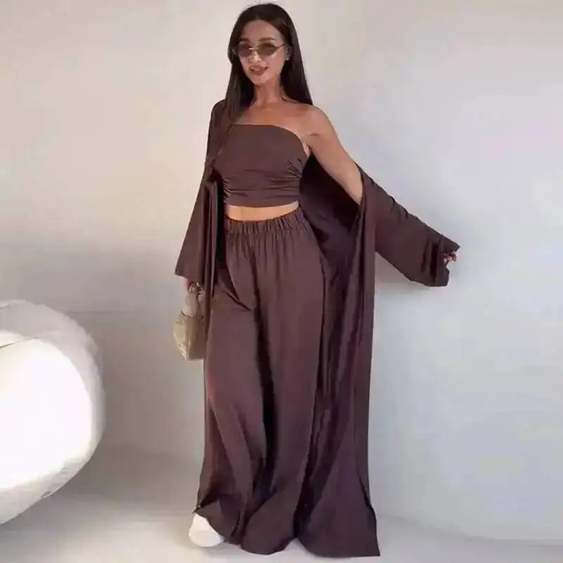 Three-Piece Cardigan & Wide-Leg Pants Set