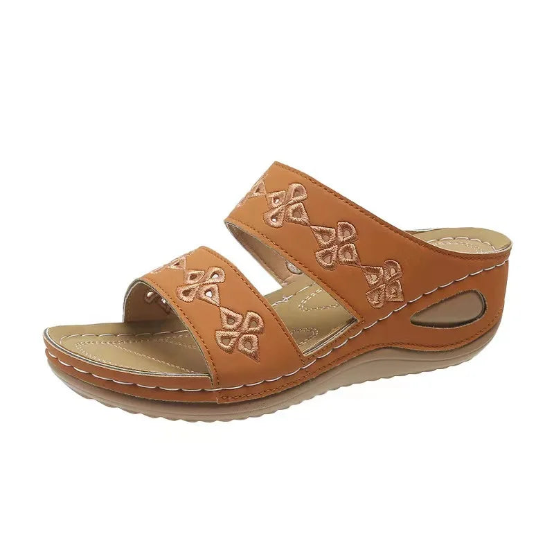 Embroidered Floral Wedge Slides