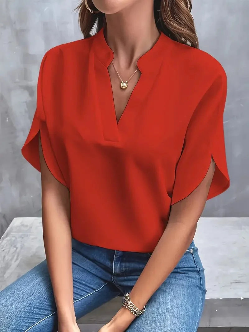 Relaxed V-Neck Half-Sleeve Blouse