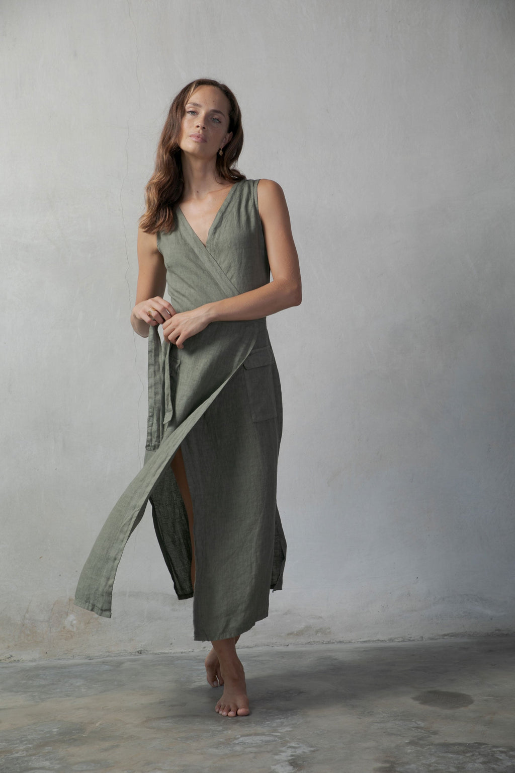 Safari Linen Wrap Midi Dress – Khaki by Aurelia Sun