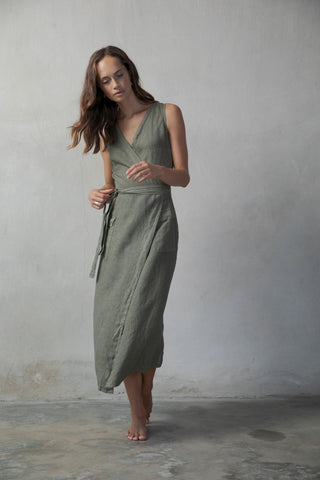 Safari Linen Wrap Midi Dress – Khaki