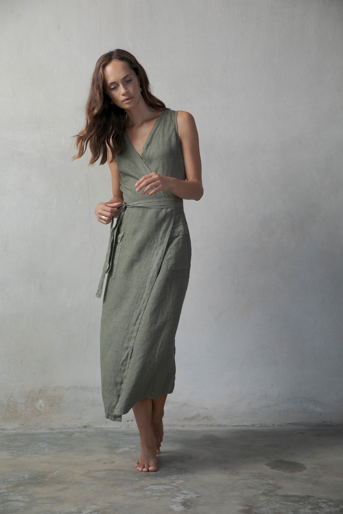 Safari Linen Wrap Midi Dress – Khaki by Aurelia Sun