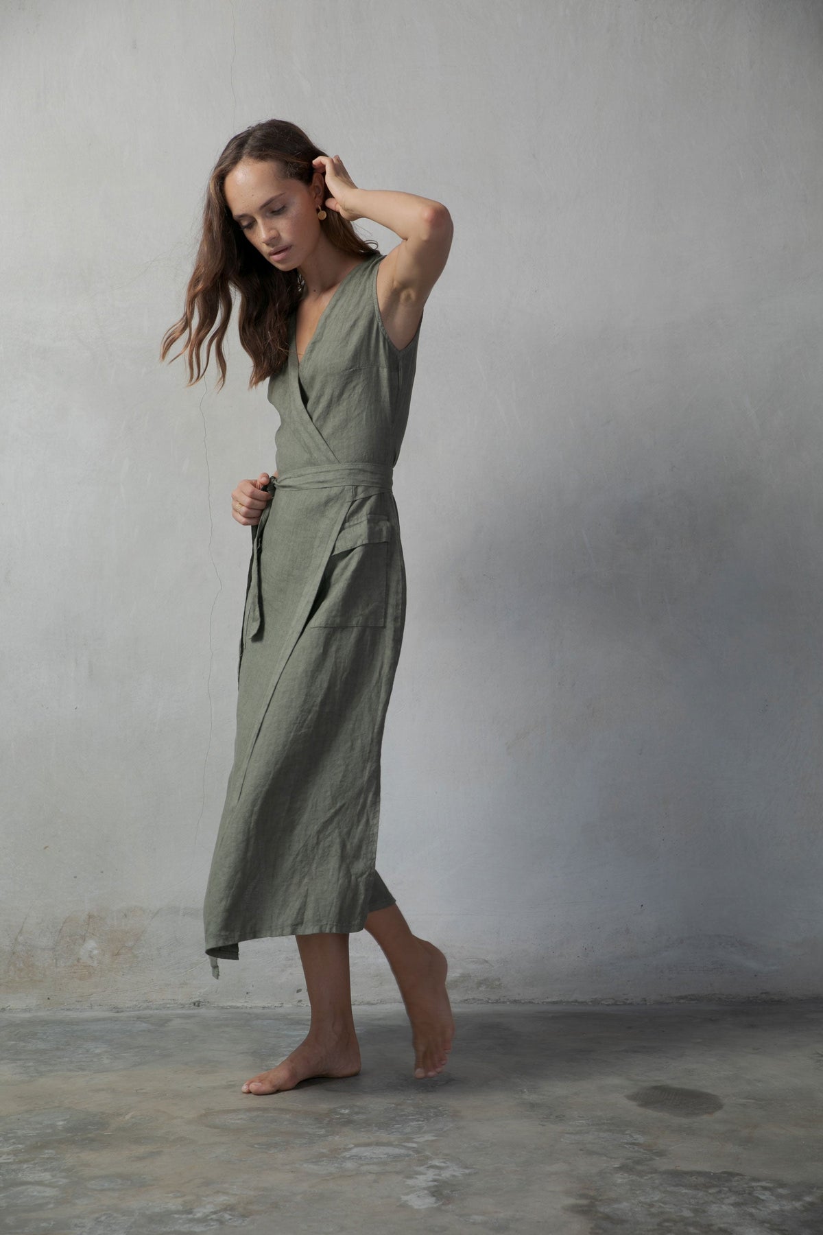 Safari Linen Wrap Midi Dress – Khaki by Aurelia Sun